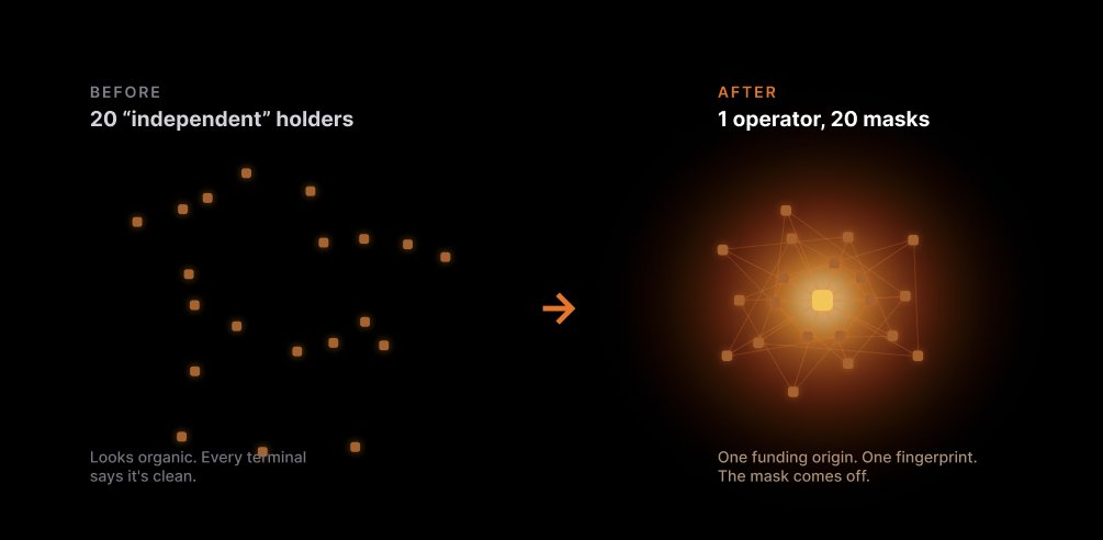 Before and after: 20 "independent" holders collapse into 1 operator wearing 20 masks
